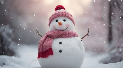 Obraz premium Cozy Snowman in Pink Hat and Scarf on a Snowy Winter Day