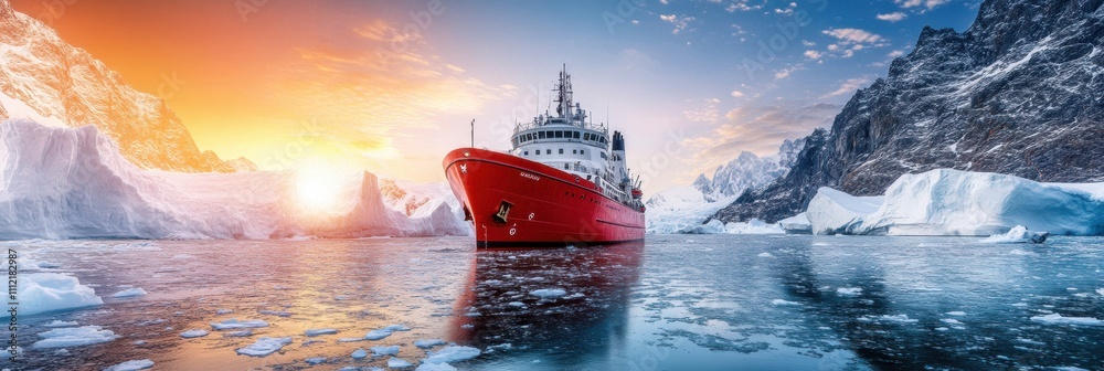 Aufkleber red icebreaker ship sails through icy waters, surrounded by towering glaciers while the sun sets, ca