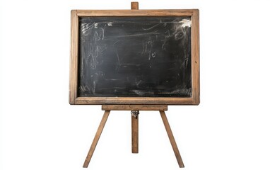 A wooden-framed blackboard displayed on an easel with a durable metal stand, isolated on a white background