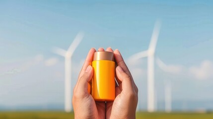 Battery replacement restores energy. Holding a yellow bottle near wind turbines