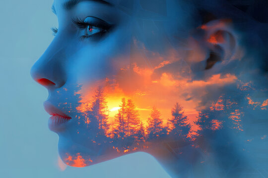 a woman ' s face with a sunset in the background