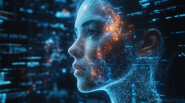 Digital art portraying a woman's face with glowing data patterns against a dark background, symbolizing technology and reality blend. Generative AI - Powered by Adobe