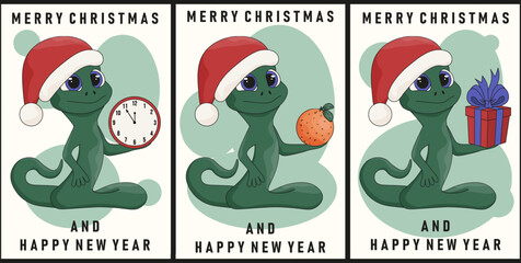 Set New Year greeting poster with Snake and typography inscription. Collection vertical New Year greeting card with symbol 2025 Chinese New Year. Flat style holiday vector illustration. EPS10