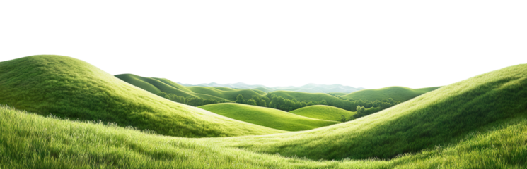 Scenic green hills with trees, isolated on transparent cutout background
