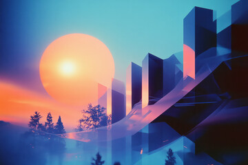 a digital painting of a city with a sunset