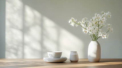 Fototapeta premium minimalist dining table setup featuring white ceramics and vase with delicate flowers, illuminated by soft sunlight, creates serene atmosphere