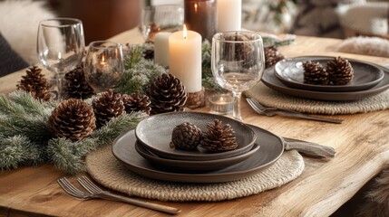 Naklejka premium A frosted white cake with red berries and A festive tray with mugs of hot chocolate A cozy holiday table set with plates glasse