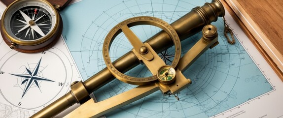 Antique brass sextant on a nautical chart, perfect for maritime exploration