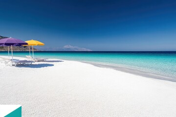Fototapeta premium summer beach scene, vibrant umbrellas and lounge chairs dot the sandy beach against a backdrop of clear blue ocean under the shining sun