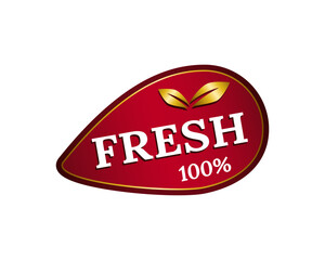 Red label with a rustic leaf and banner design, suitable for eco and bio product branding. Highlights safe, farm sourced, and healthy items.