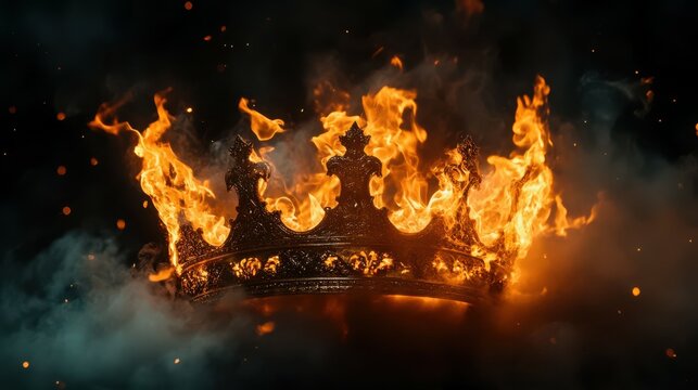 A Flaming Medieval Crown Set Against a Dark Background: The Golden Crown Ablaze with Smoke and Embers, Representing the Rise and Fall of Empires, Kings, Queens, Princes, Princesses, and Papal Authorit