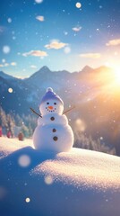 Obraz premium Sunlit winter landscape with partially built snowman and mountains