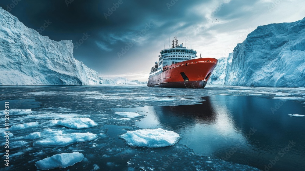 Aufkleber a red icebreaker ship traverses icy polar waters, passing massive glaciers while navigating challeng