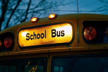 Schoolbus. Yellow school bus on the road in the autumn countryside and sunset in the background. Back to School and education concept. Pupils transportation and travel to elementary school