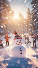 Children building a snowman in a winter mountain scene