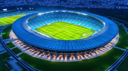 Aerial view of a modern stadium illuminated at night, featuring a vibrant green pitch and seating areas, surrounded by cityscape.