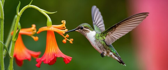 Fototapeta premium Closeup of a hummingbird midflight, feeding from a vibrant flower in nature
