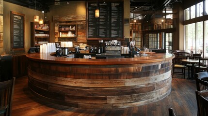 Naklejka premium Rustic-chic cafe interior featuring a polished wooden round counter, cozy seating, and relaxing earthy color schemes