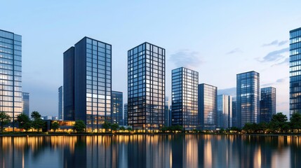 Fototapeta premium Modern city skyline with glass buildings reflecting in the water at sunset.