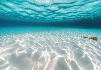 Naklejka premium Serene Underwater Scene with Crystal Clear Water, Soft Sunlight Filtering Through Waves Over Sandy Seabed, Capturing the Tranquility of Ocean Depths