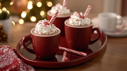 A frosted white cake with red berries and A festive tray with mugs of hot chocolate A cozy holiday table set with plates glasse