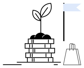 Plant growing on coin stack symbolizes financial growth and investment. Blue flag on pole, shopping bag on side. Ideal for finance, investment, growth, saving, economy, business sustainability