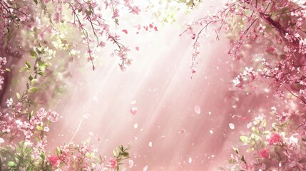 Fototapeta premium Pink background with orchids roses and petals for spring decor