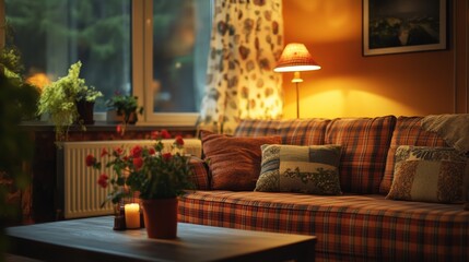 Obraz premium Warm 60s-inspired room with a plaid sofa, a low coffee table with potted flowers, and a nostalgic charm enhanced by soft lighting