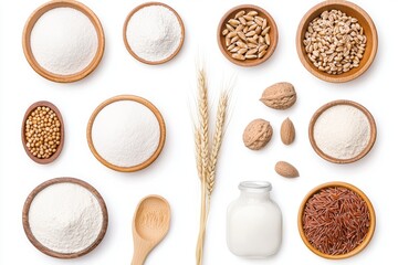 A flat lay of ancient grains with labels on a white background.