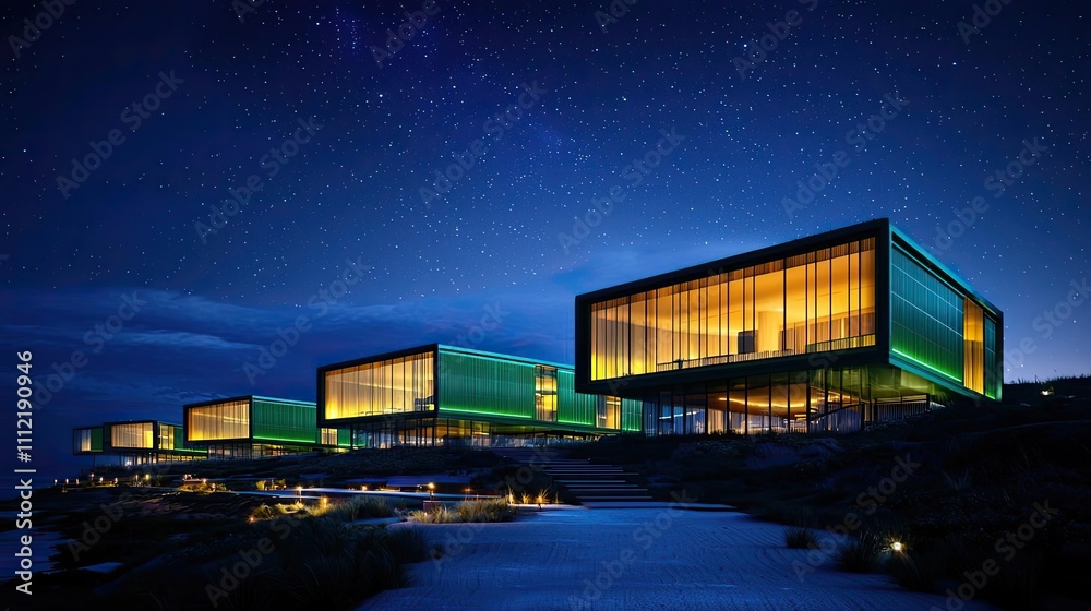 Poster modern architectural buildings with illuminated windows at night.