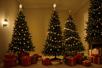 Obraz premium Beautiful Christmas gift boxes on floor near fir tree in room. merry christmas