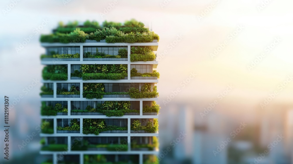 Poster modern building with greenery and plants on multiple levels.