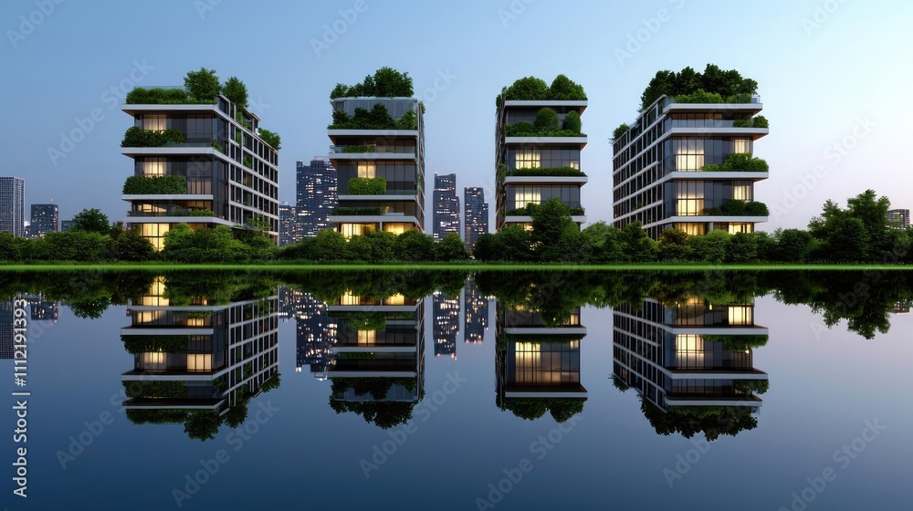 Poster modern buildings with greenery reflected in water at twilight.