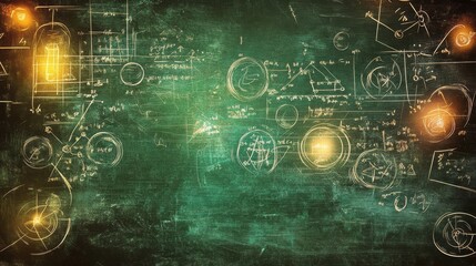 Colorful abstract shapes and academic icons on chalkboard background