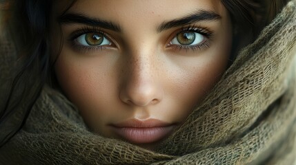 Close-up portrait of a woman with captivating green eyes and a scarf
