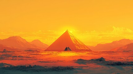 A golden sunset illuminates a pyramid, surrounded by mountains, creating a serene and mystical atmosphere.