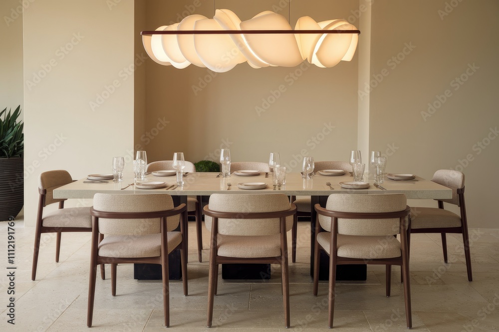 Poster modern dining room table set for eight with designer lighting fixture