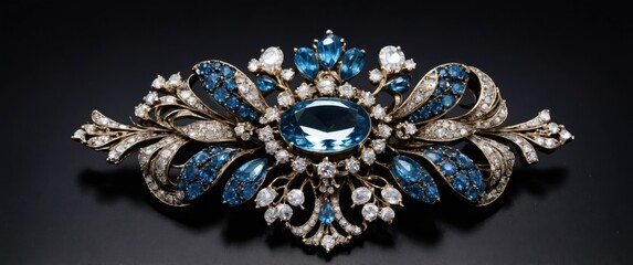 An elegant decorative brooch featuring blue gemstones on a black background