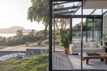Fototapeta premium Modern veranda overlooking tranquil ocean view at sunset