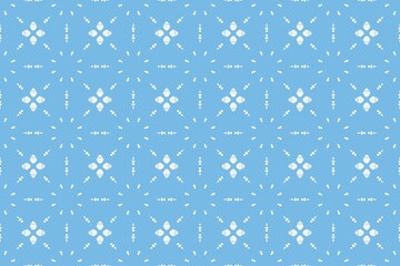 White Floral Geometric Seamless Pattern on Soft Blue Background.