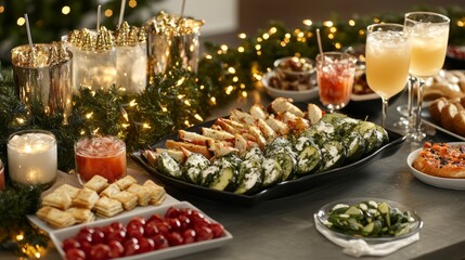 A large chocolate cake topped with festive  A holiday dessert spread with mini cheesece A holiday buffet table filled with appetize