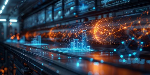 Futuristic digital interface with holographic data visualizations, graphs, and a glowing network sphere, symbolizing innovation in analytics