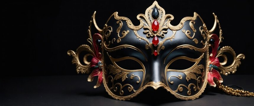 An elegant decorative mask showcasing ornate designs against a black background