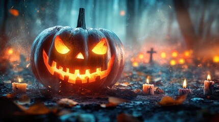 Naklejka premium Spooky Halloween Scene with Glowing Pumpkin Lantern, Eerie Forest Atmosphere, Candlelight and Misty Background for Festive Celebrations and Seasonal Events
