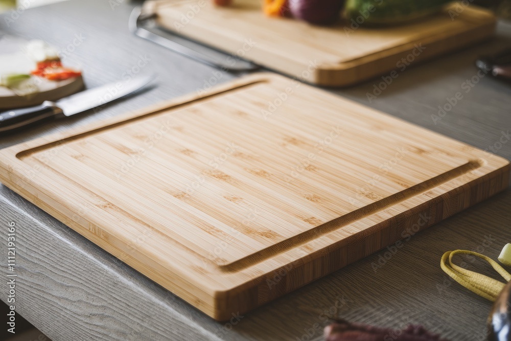 Poster empty bamboo cutting board on kitchen counter with vegetables in background