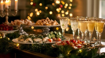 A large chocolate cake topped with festive  A holiday dessert spread with mini cheesece A holiday buffet table filled with appetize