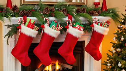 Festive Christmas Mantle with Stockings and Tree Decorations