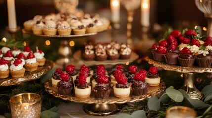 Naklejka premium A large chocolate cake topped with festive A holiday dessert spread with mini cheesece A holiday buffet table filled with appetize