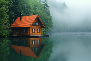Fototapeta premium Wooden Cabin Lake House Misty Forest Setting