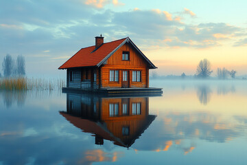 Fototapeta premium Wooden Lake House Reflecting Sunset Sky